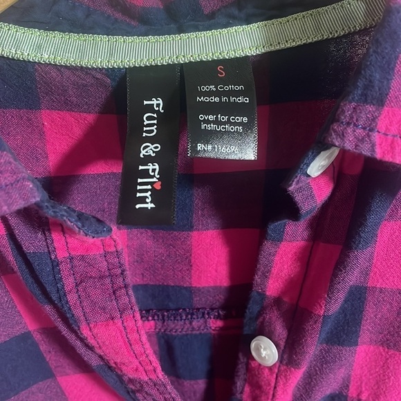 Fun & Flirt Pink|Navy Plaid 100% Cotton Shirt Sz Small - Picture 2 of 3